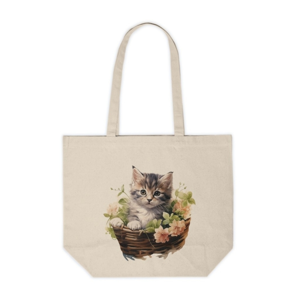 Floral Cat in a Basket Custom Canvas Tote Bag
